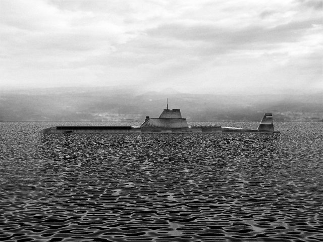 Choppy sea, side, black & white