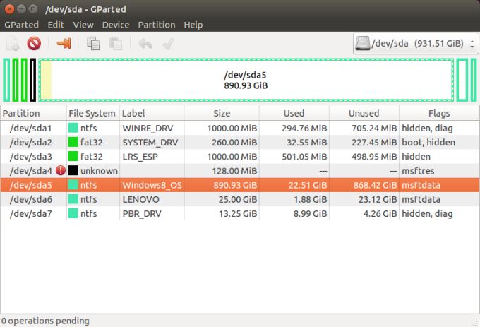 GParted, before changes