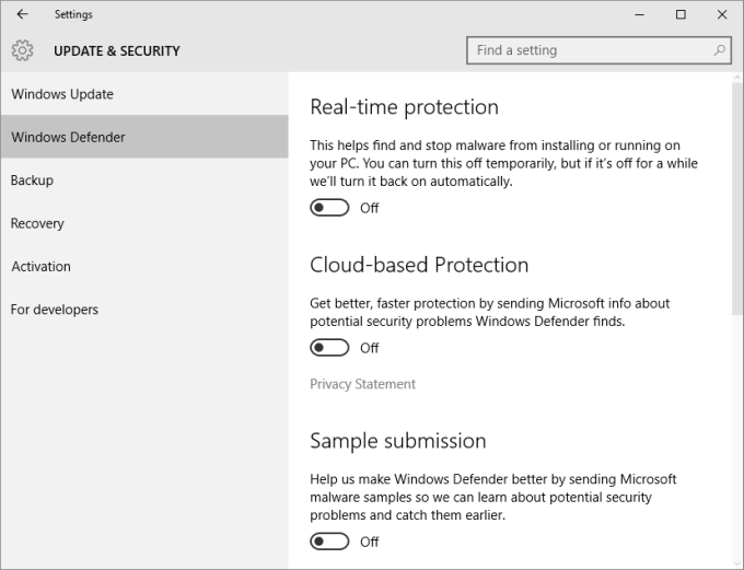 Defender, cannot turn off, only temporarily