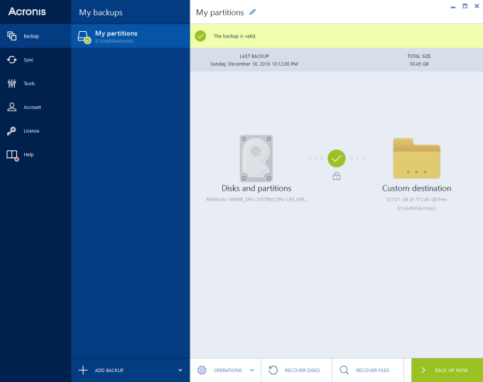Acronis, main view