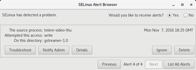 SELinux alerts, more