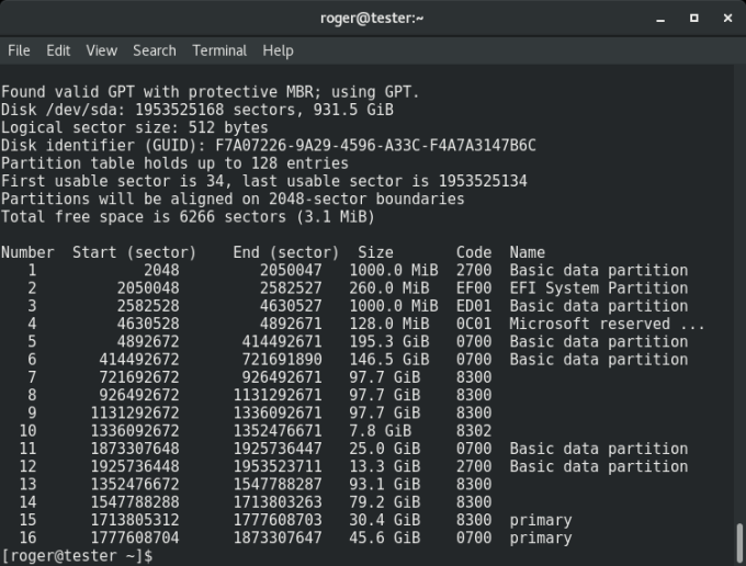 Gdisk, list partitions