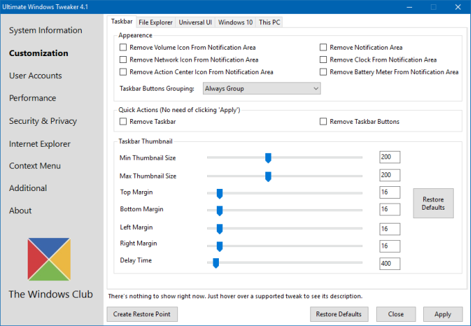 Customization, taskbar