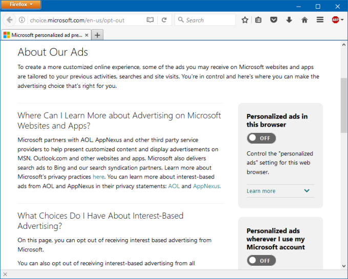 Microsoft ads, personalized, details