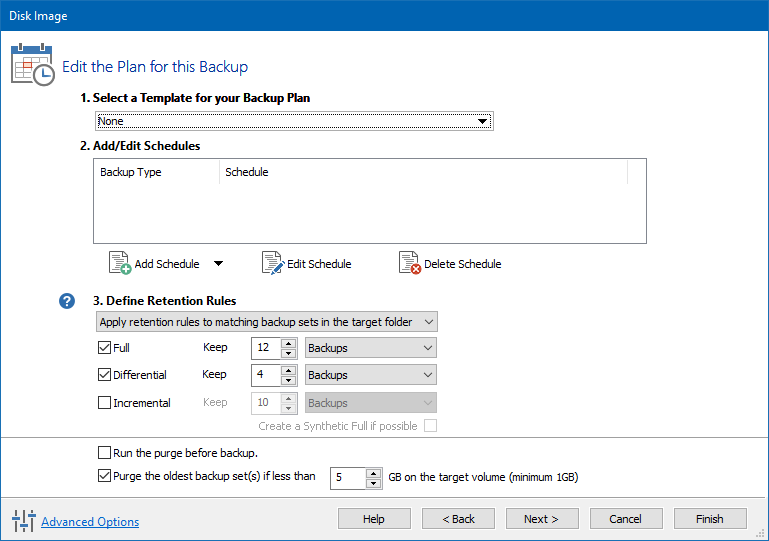 Backup schedule set to none