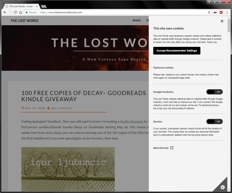 Cookie control overlay