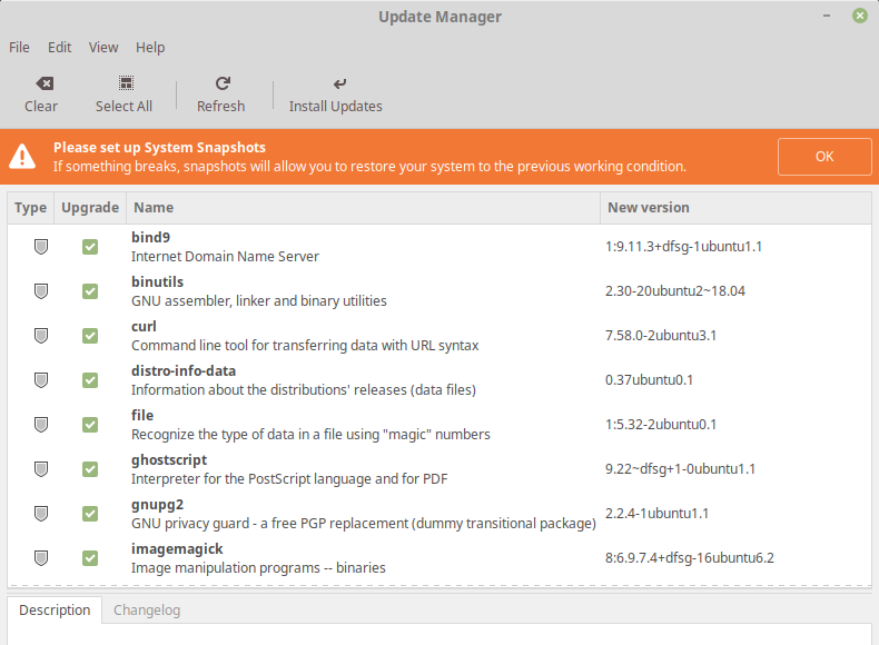 Update manager, snapshots notification
