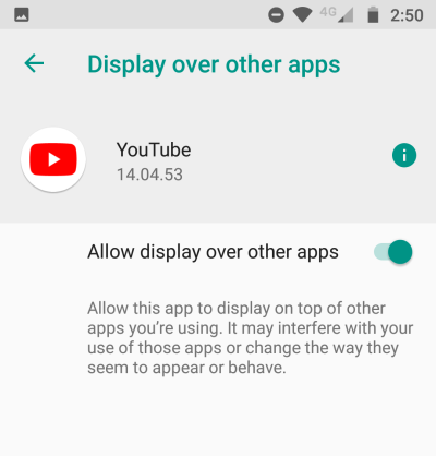Youtube display over other apps
