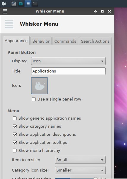 Whisker menu, settings