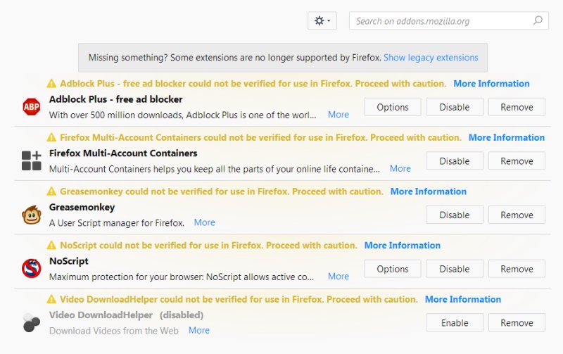 Warning, add-ons cannot be verified
