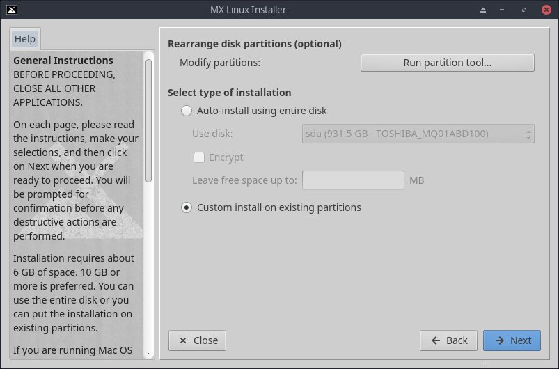 Partitions, custom selection