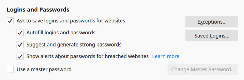Logins and passwords, preferences