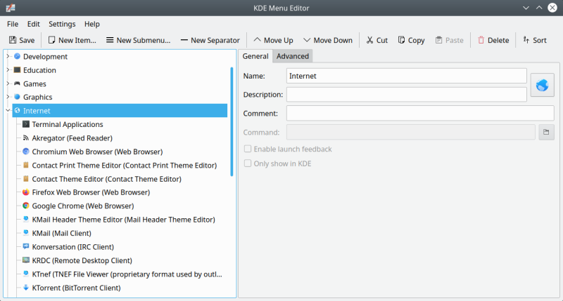 Menu editor, sections