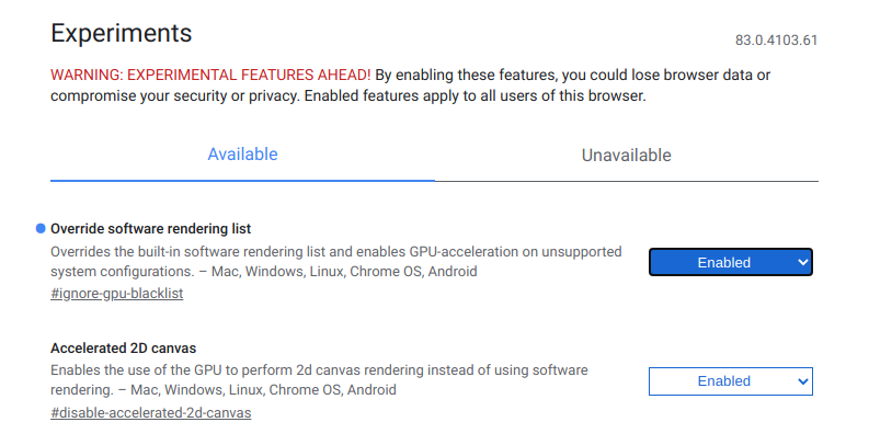 Chromium, experimental features