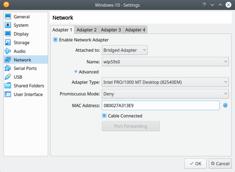 Bridged adapter, advanced settings