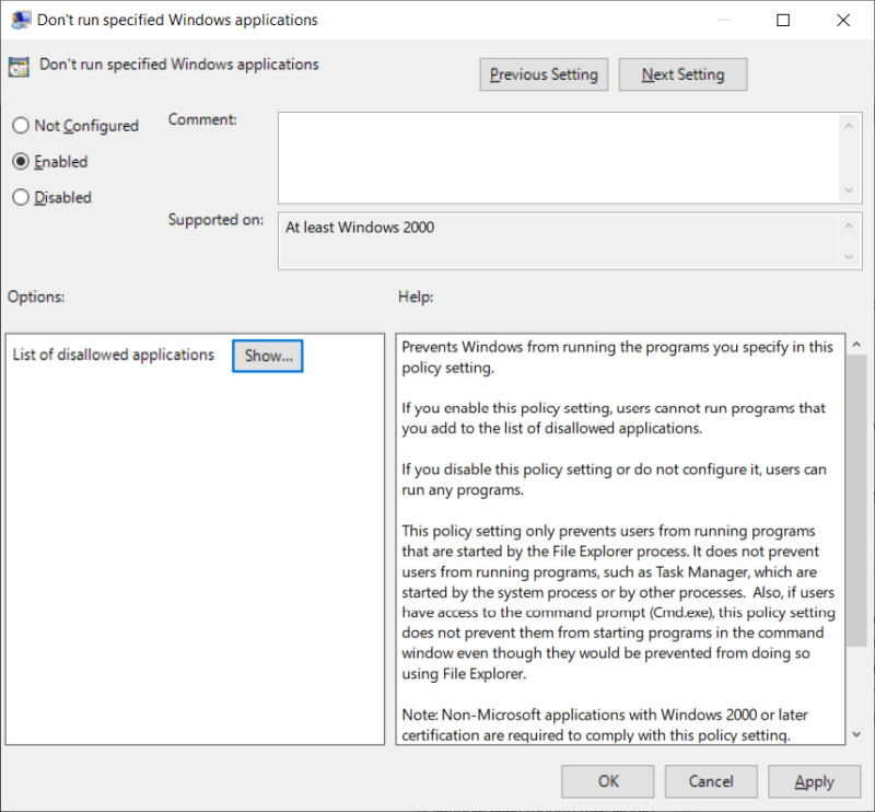Show disallowed programs