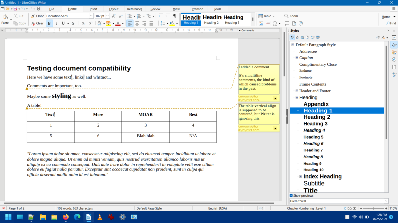Document rendered in Writer
