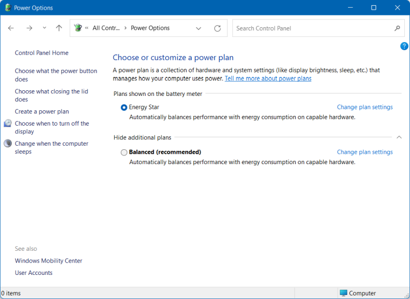 Control Panel power options