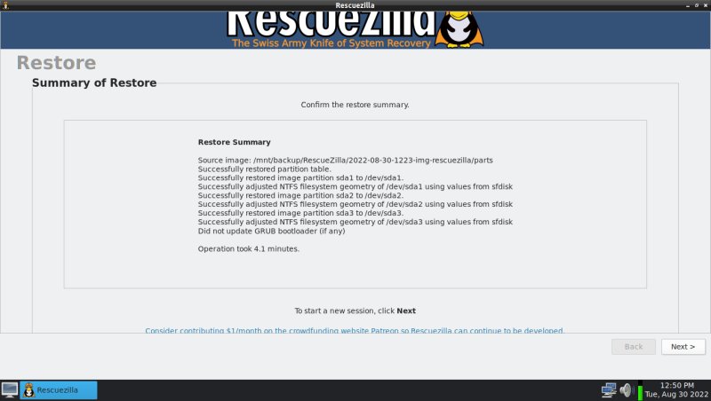 Restore done, with part table