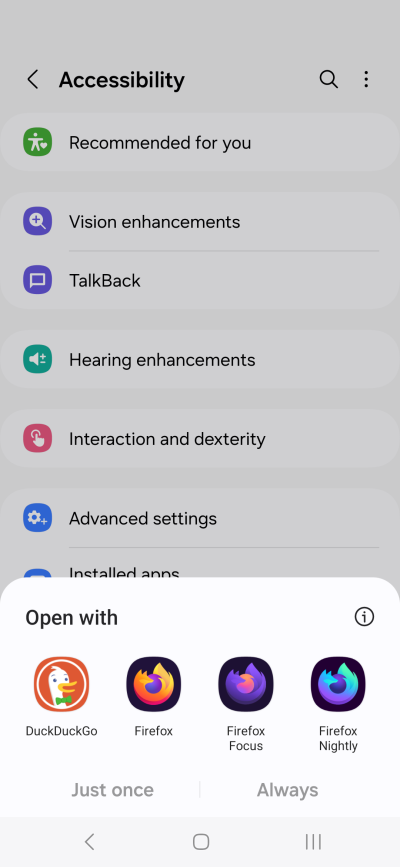 Accessibility, browsers, open with