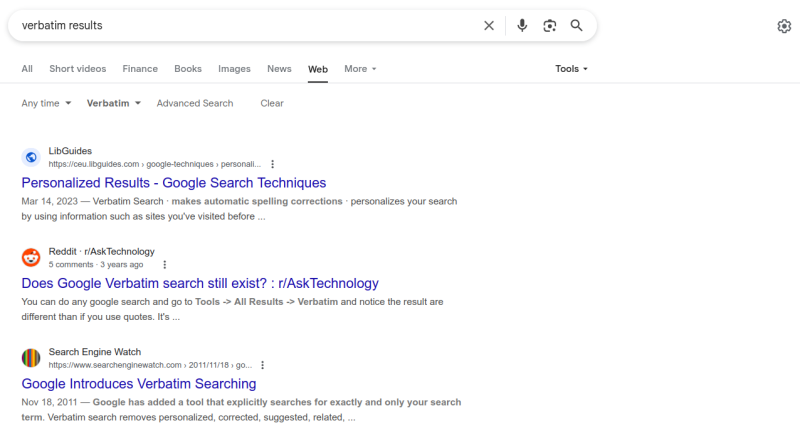 Verbatim search 3, with udm and tbs parameters