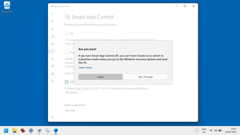 Smart App Control to off