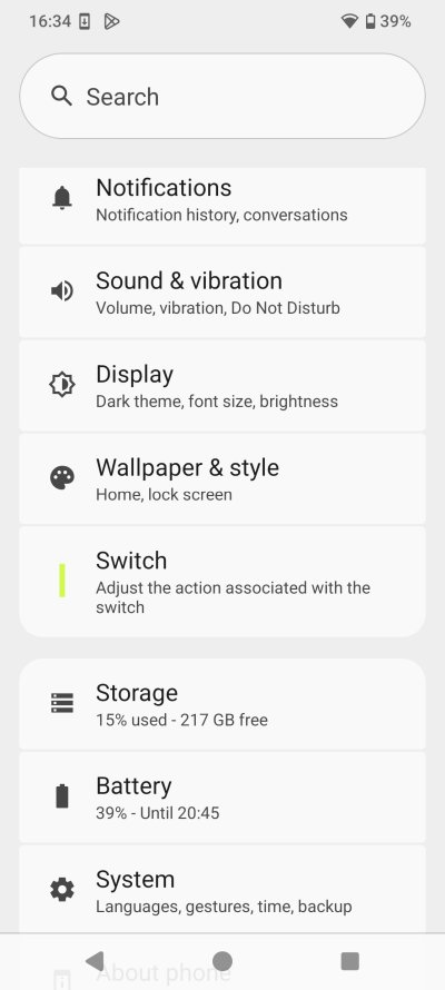 Settings, Switch category