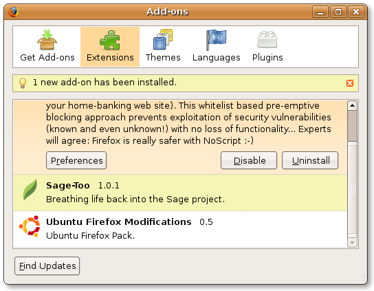 Firefox add-ons sage restarted