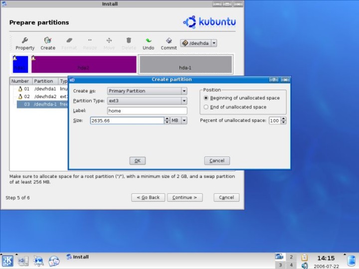 Kubuntu create home partition details