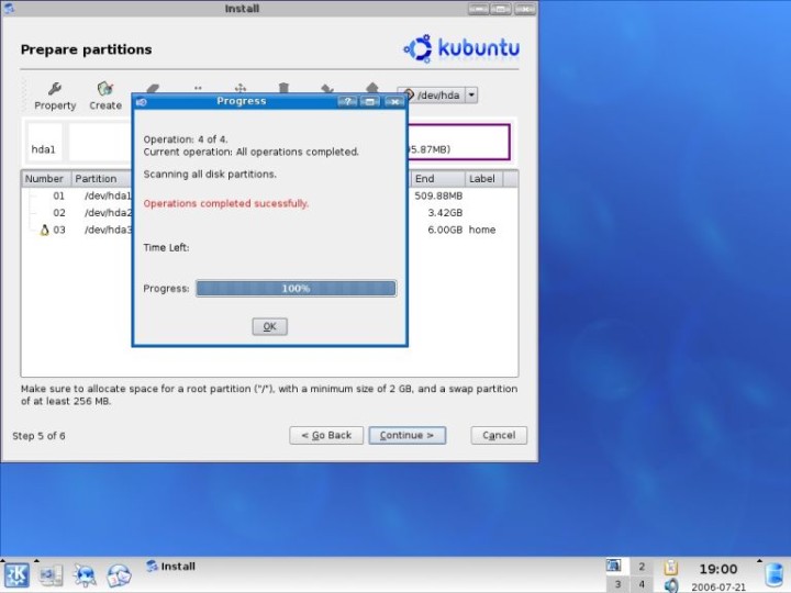 Kubuntu qtparted operations completed