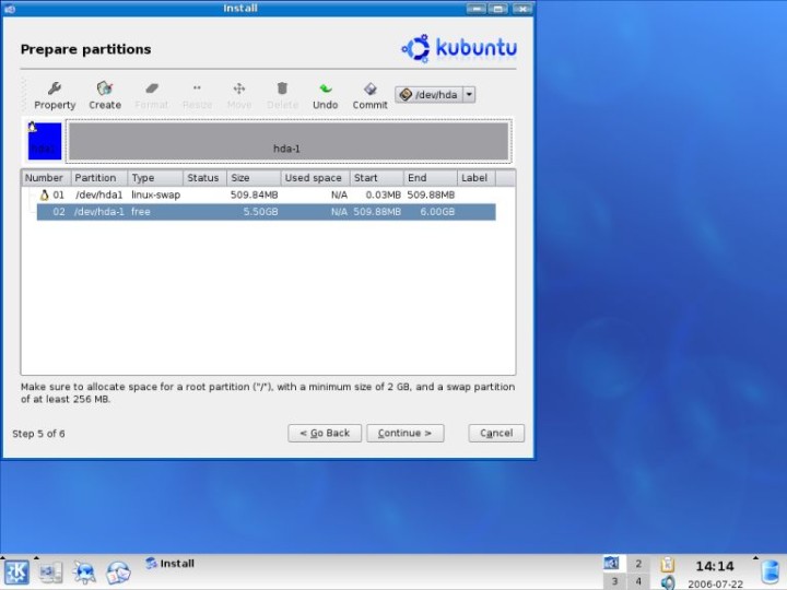 Kubuntu swap created create root partition