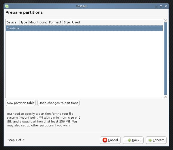 Linux Mint partitioning create partition table