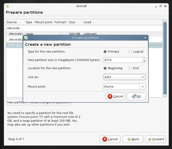 Linux Mint partitioning swap