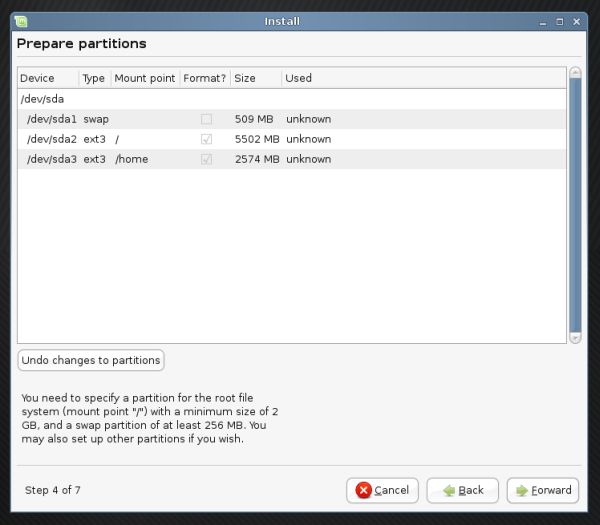 Linux Mint partitioning ready