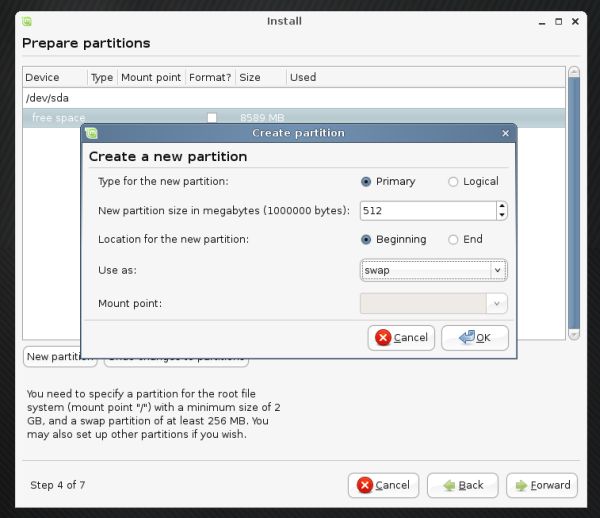 Linux Mint partitioning swap
