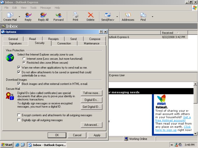 Mail security tools security tab