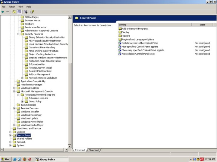Policies control panel