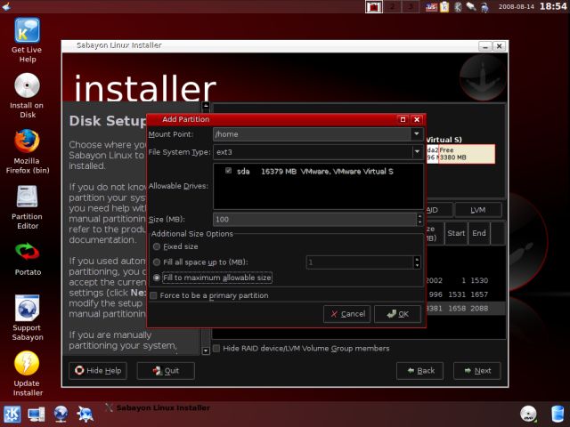 Sabayon create home partition