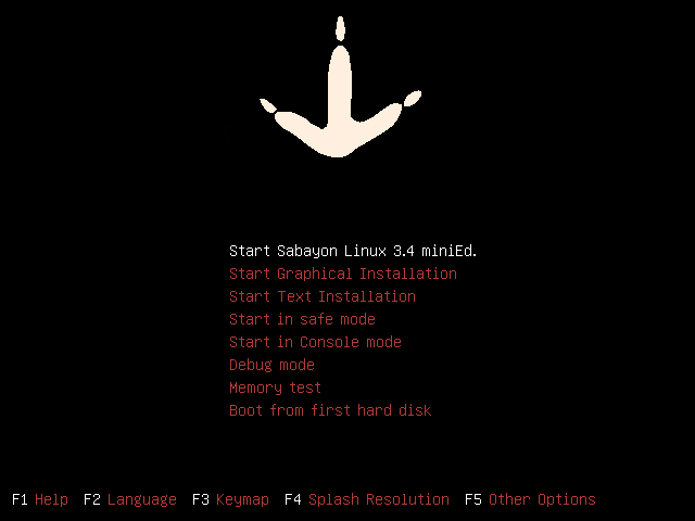 Sabayon live CD boot screen