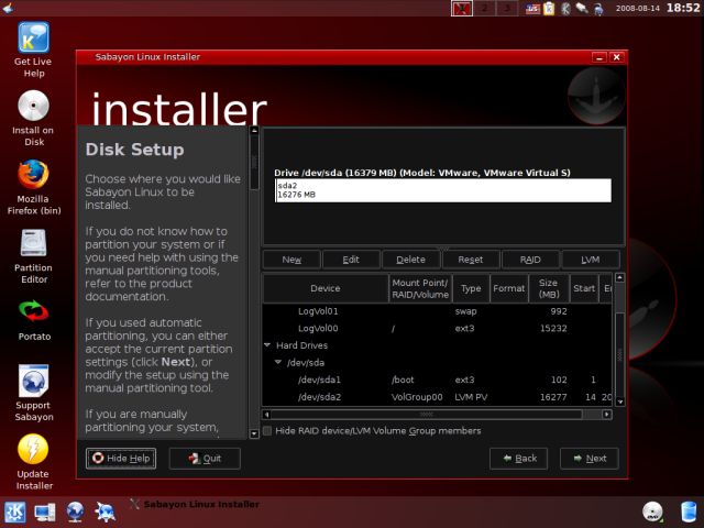 Sabayon partitioning default choice