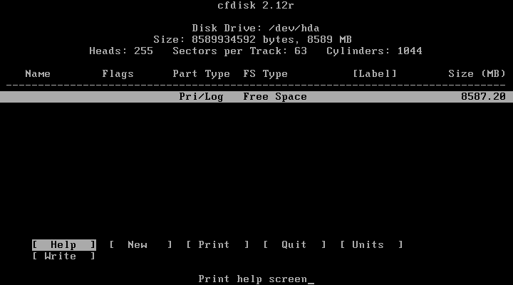 Slackware cfdisk intro