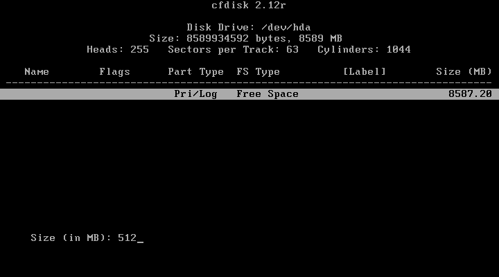Slackware cfdisk new partition primary size