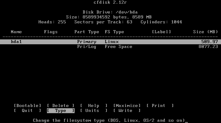 Slackware cfdisk new partition type