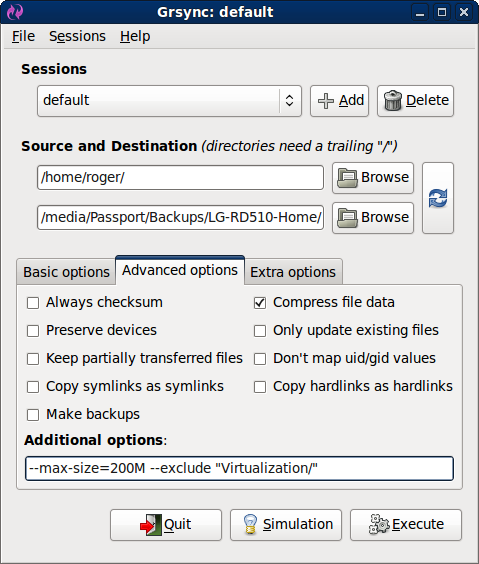 Grsync, advanced options