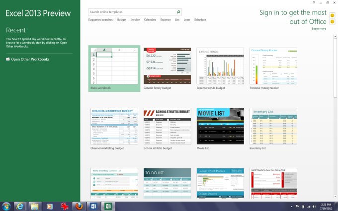 Excel, template selection
