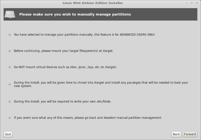 Partitions, manual setup warning