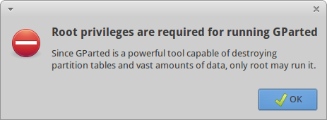 GParted root warning