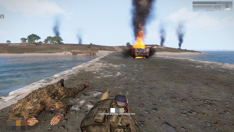 Bridge, burned out vehicle