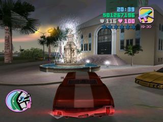 Parked in front of a fountain